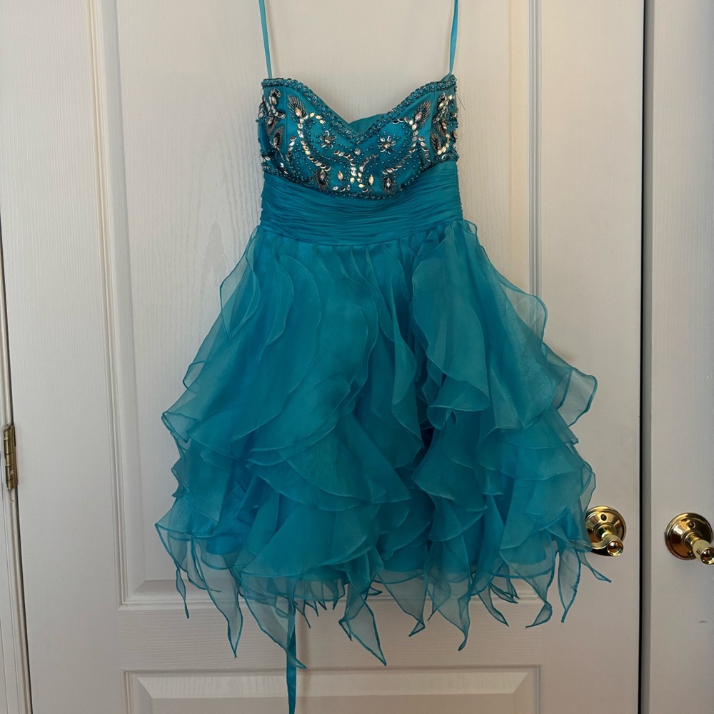 Girls Teal Strapless Party Dress with Beaded Bodice